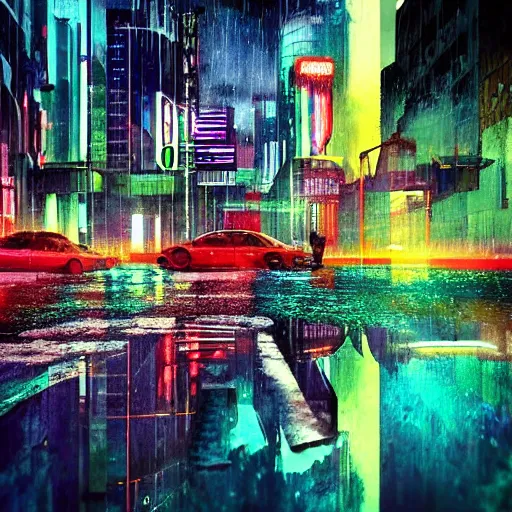 Image similar to A sad, melancholy cyberpunk city as seen through a rainy window, colorful, beautiful, striking, digital art