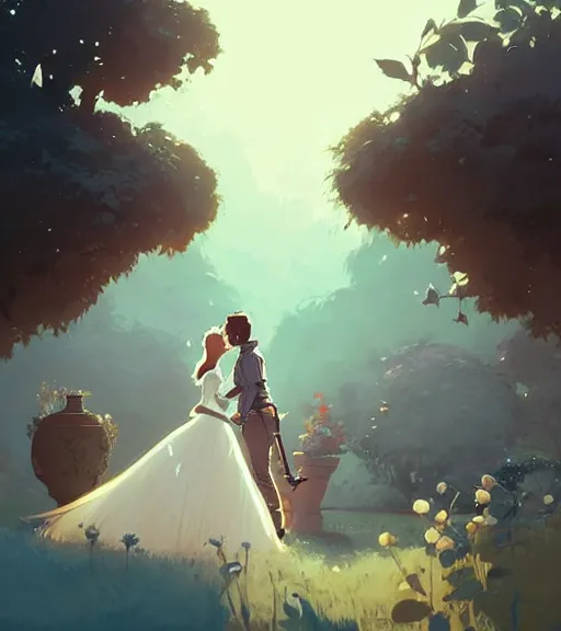 Image similar to a princess and a king almost kissing in the beautiful garden by atey ghailan, by greg rutkowski, by greg tocchini, by james gilleard, by joe fenton, by kaethe butcher, dynamic lighting, gradient light blue, brown, blonde cream and white color scheme, grunge aesthetic