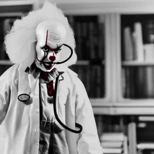 Prompt: dr pennywise wirking in the emergency room, using a stethoscope, wearing doctor clothes, dramatic