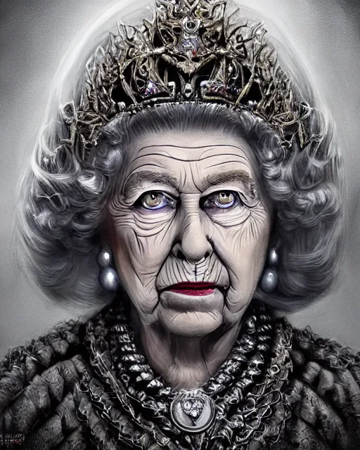 Image similar to Queen Elisabeth II as a hag witch, highly detailed face, realistic face, beautiful detailed eyes, fantasy art, illustration, epic, fantasy, intricate, hyper detailed, artstation, concept art, smooth, sharp focus, by jerad s marantz