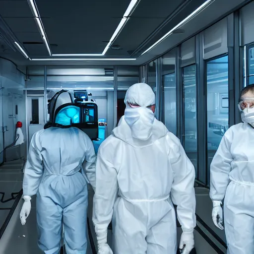 Prompt: Biohazard suited people inside a sci-fi medical facility. as photography :: Glowing :: Authoritarian :: Contagion :: Brutalist architecture 8k