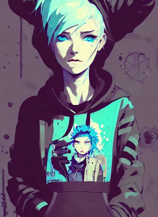 Image similar to highly detailed portrait of a sewer punk lady student, blue eyes, patchwork hoodie, white hair by atey ghailan, by greg rutkowski, by greg tocchini, by james gilleard, by joe fenton, by kaethe butcher, gradient blue, black, brown and cyan color scheme, grunge aesthetic!!! ( ( graffiti tag wall background ) )