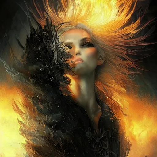 Image similar to kerli koiv as a fire queen flaming eylashes, darkwave, darksynth, concept headshot art, sharp, digital matte painting, art by luis royo, greg rutkowski, wlop, dramatic lighting, trending on artstation