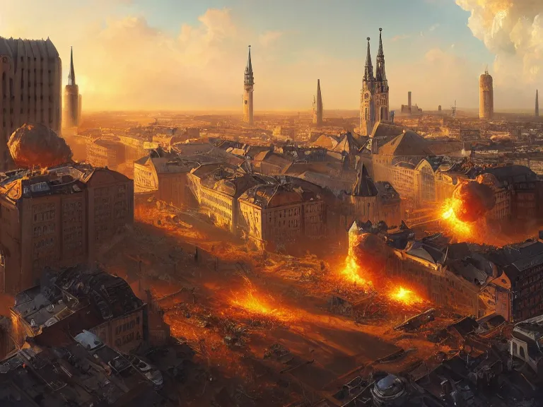 Image similar to , city of munich!!!, multiple nuclear explosions!!!, rubble, hyperrealistic, highly detailed, cinematic, single ray of golden sunlight, beautiful, cgssociety, artstation, 8 k, oil painting by greg rutkowski, by artgerm, by wlop