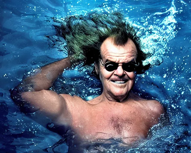 Image similar to Jack Nicholson as a merman swimming underwater, cinematic lighting, cinematography photograph