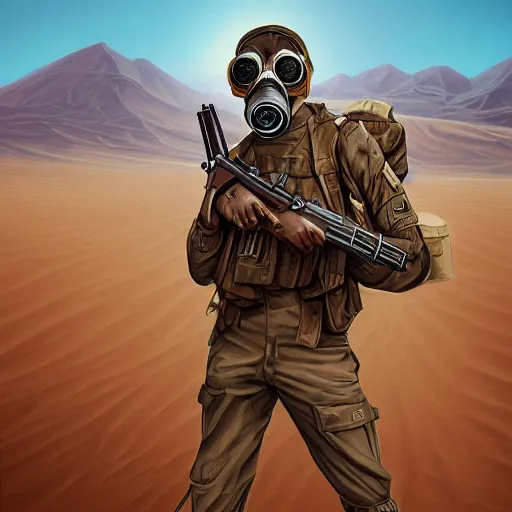 Prompt: portrait artwork of soldier wearing a gas mask holding ak-47. Desert background. Artwork by Dan Mumford, realistic cinematic lighting, ultra detailed, hyper realism