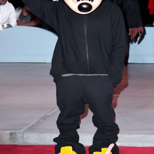 Image similar to kanye west wearing a mickey mouse hat