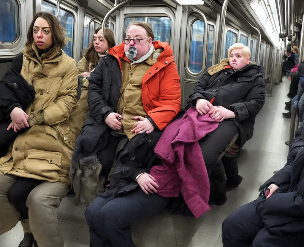 Prompt: a sad woman in a parka who looks like a cross between Chloe Sevigney and Aubrey Plaza, sits next to a slightly overweight friendly middle-aged German businessman, with short blond hair and a mustache, in a Chicago subway train, medium shot from a 3/4 angle, showing full figures, drawn in the style of Daniel Clowes and Adrian Tomine and Gabrielle Bell