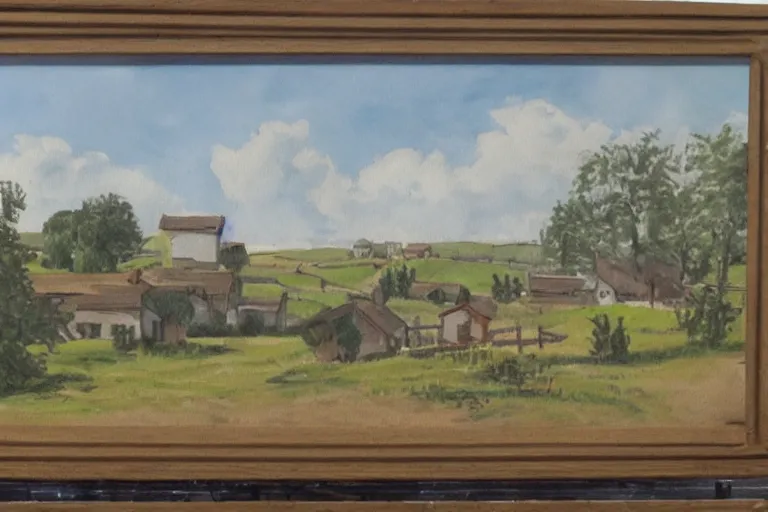 Prompt: painting of a wide shot of a rural countryside village in the style of carl valente