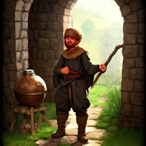 Image similar to medieval peasant boy talking to blacksmith, artstation, fantasy