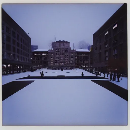 Prompt: a town square during winter designed by ryoji ikeda, photograph, polaroid