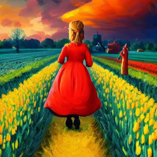 Image similar to dutch girl with singular giant tulip as a head, surreal photography, flower field, sunset dramatic light, impressionist painting, colorful clouds, blue sky, digital painting, artstation, simon stalenhag