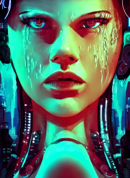 Image similar to beautiful extreme closeup portrait of an cyberpunk girl fully submerged ecxept of the top of her head, stunning look in her eyes, water reflection, neon lighting, in the style of Andrey Gevechanov, highly detailed, soft lighting, elegant,sigma 85mm, Edward Hopper and James Gilleard, Zdzislaw Beksinski, Steven Outram, highly detailed
