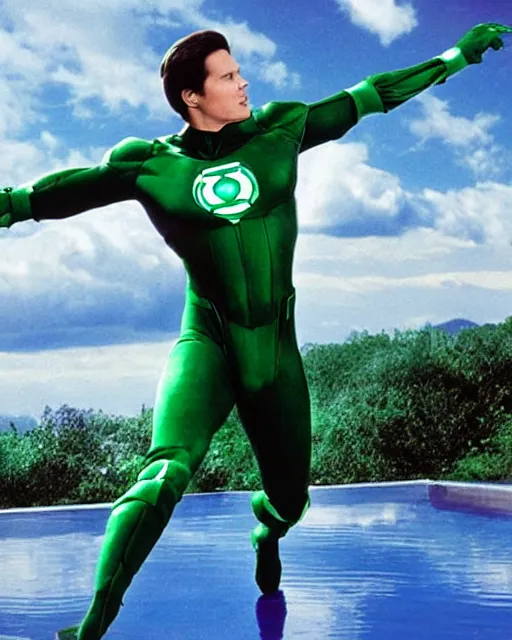 Image similar to photograph of actor Christoper Reeve dressed as a Green Lantern, lounging by an infinity pool on a mystical Alien planet with voluminous purple clouds, Sunny Day