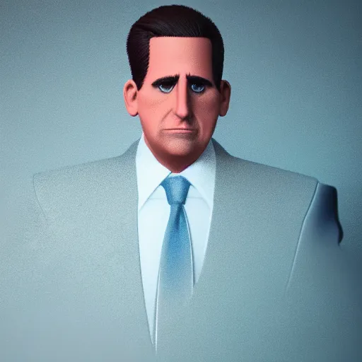 Image similar to hyperdetailed 3 d cartoon render of michael scott in a confident expressive pose, white background, low angle shot, cinematic studio lighting, studio quality, octane render, unreal engine 5, trending on artstation, 8 k