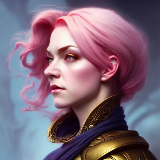 Image similar to aristocrat scowling, female, d & d, fantasy, intricate, elegant, highly detailed, pink hair, digital painting, artstation, octane render, concept art, matte, sharp focus, illustration, hearthstone, art by artgerm, alphonse mucha johannes voss