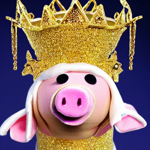 Image similar to pig wearing a gold crown depicted as a muppet holding box 8k