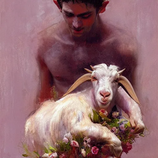 Prompt: A shy goat human hybrid with the horns, ears, and legs of a goat and the face and body of a human holding a bundle of flowers. By Craig Mullins. By Ilya Repin. By Ruan Jia.