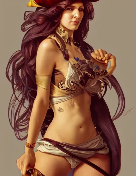 Image similar to fully clothed armed female pirate captain. sun, summer, strength, knowledge, smart, portrait, symmetrical, highly detailed, digital painting, artstation, smooth, sharp focus, illustration, strength, art by artgerm and alphonse mucha and louis theophile hingre. 8 k