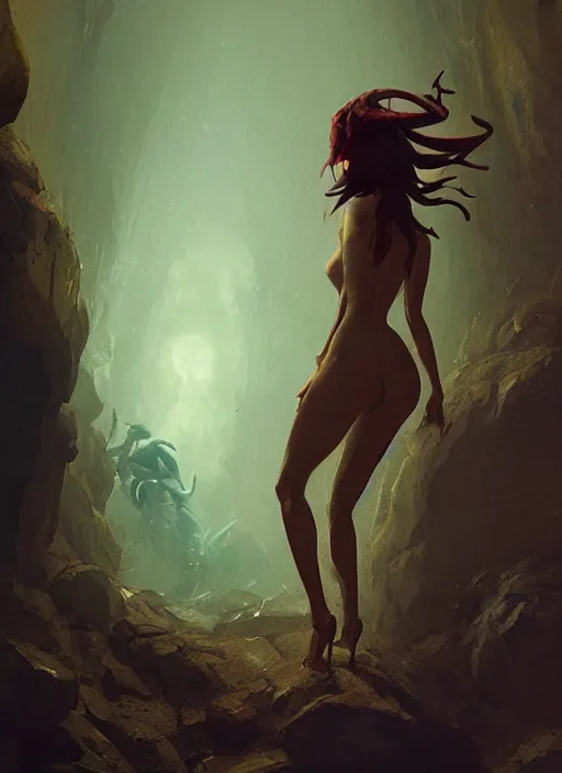 Prompt: a succubus in a cave, greg rutkowski, 8 k, shallow depth of field, intricate detail, concept art,