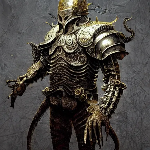 Image similar to “ a full - body portrait of victorian evil knight by emil melmoth, zdzislaw beksinski, craig mullins, yoji shinkawa, cross, artstation, pete morbacher, hyper detailed, cthulhu samurai armor, golden decoratived jaw armor, very detailed, artstation, rendering by octane, unreal engine, spaceship interior background. ”