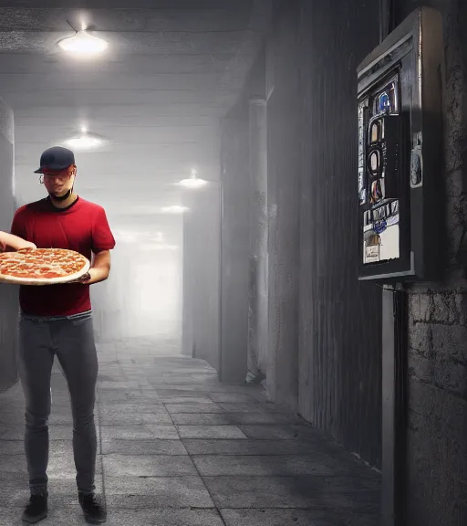 Prompt: suspicious pizza deliver guy in a dark place, real life photo, 4 k, cyberpunk style, highly detailed, focus on face