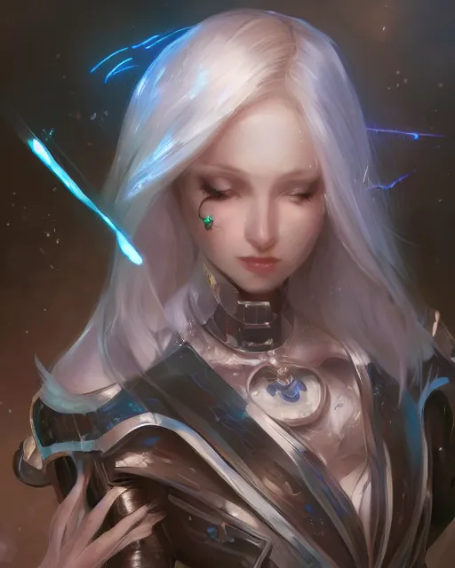 Image similar to holy cyborg necromancer girl, elegant, perfect face, scifi, futuristic, utopia, garden, illustration, atmosphere, top lighting, blue eyes, white hair, focused, artstation, highly detailed, art by yuhong ding and chengwei pan and serafleur and ina wong