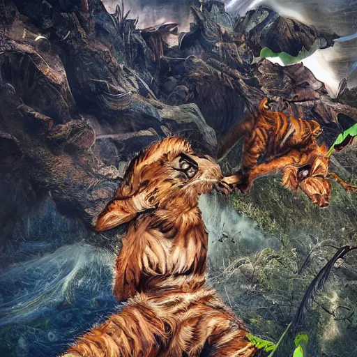 Image similar to mix of puma and jaguar and lion and tiger jumping over a cliff, giant cat monster, 8 k ultra realistic animal, detailed intricate fur, flame in the fur, full of colour, cinematic lighting, battered, trending on artstation, 4 k, hyperrealistic, focused, extreme details, unreal engine 5, cinematic, masterpiece, art by ayami kojima