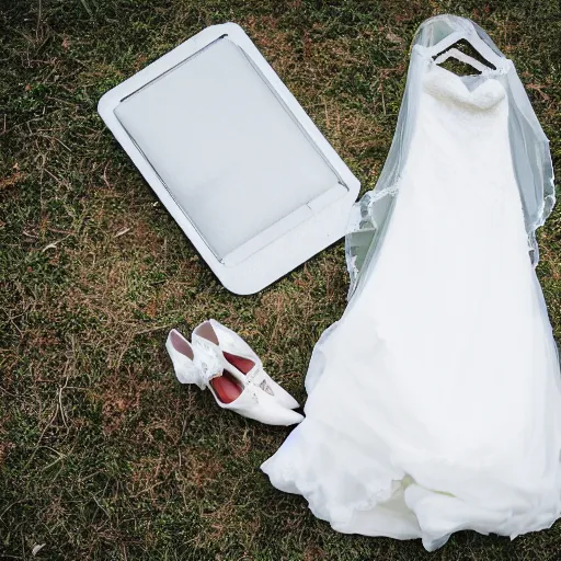 Image similar to a bedroom floor with a wedding dress discarded in a heap and a suit on the floor