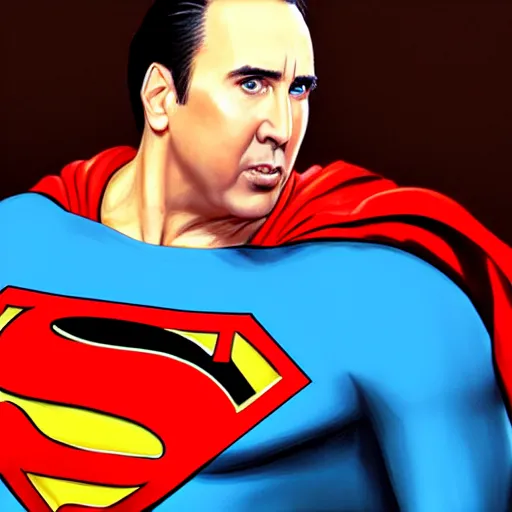 Image similar to nick cage as superman, portrait, highly detailed, full body, digital painting, trending on artstation, concept art, sharp focus, illustration, art by artgerm and greg rutkowski and magali villeneuve