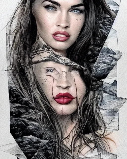 Prompt: megan fox face feded next to realistic mountain scenery, double exposure effect, medium sized tattoo sketch, amazing detail, trending on pinterest, in the style of brandon kidwell