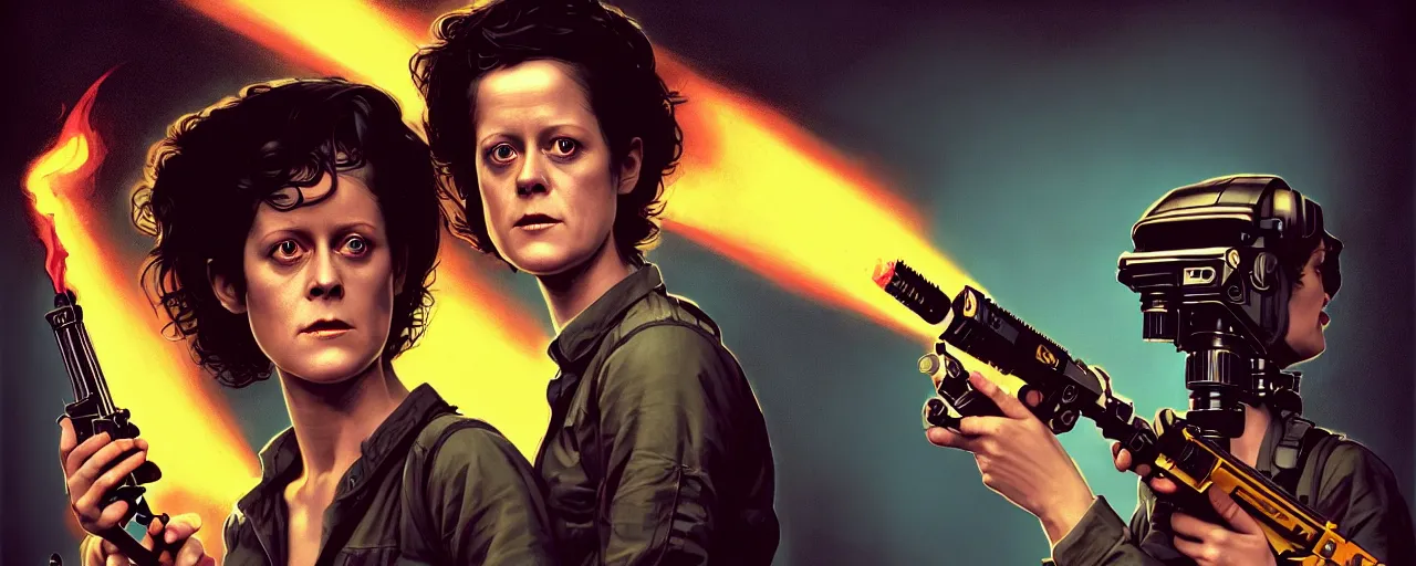 Prompt: duotone dark concept illustration 3 / 4 portrait of young sigourney weaver as ellen ripley with flame thrower. cinematic volumentric lighting space. golden ratio accidental renaissance. by sachin teng and sergey kolesov and ruan jia and heng z. graffiti art, scifi, fantasy, hyper detailed. octane render. concept art. trending on artstation