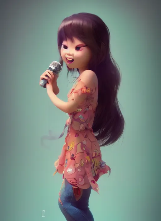 Image similar to a cute asian girl singing, flowing hair in the style of pixar animation, full body shot, low angle view, award winning, hyper detailed, studio lighting, artstation, octane renderer, unreal engine