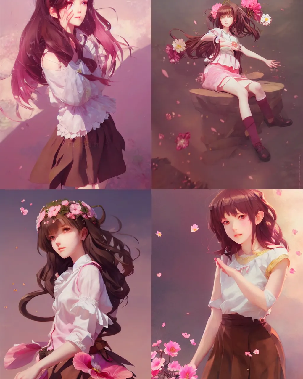 Prompt: a girl with brown hair and pink skirt, flower decoration on the background, a beautiful half body illustration, top lighting, perfect shadow, soft painting, art by hidari and krenz cushart and wenjun lin