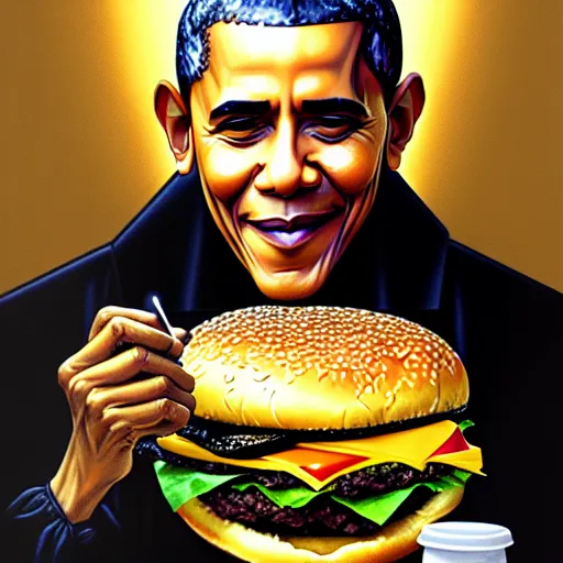 Image similar to intricate oil painting of barrack obama eating a cheese burger sitting on the iron throne, concept art, intricate, highly detailed, 8 k, takeshi obata, alphonse mucha, trending on artstation