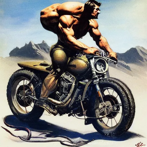 Prompt: into glory ride, artwork by Frank Frazetta, motorcycle, muscular man