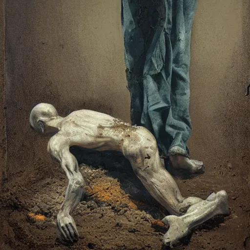 Image similar to one man in a cemetery digging up a dead body, by nicola samori, painting, 8 k, high detail, medium blue, orange, and dark green tones, high quality, sad feeling, high detail, dark colors, sinister atmosphere, dramatic lighting, cinematic, establishing shot, extremely high detail, photo realistic, cinematic lighting