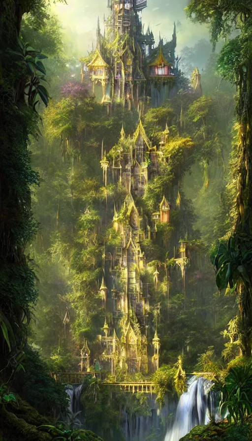 Image similar to fairy palace, castle towers, sunbeams, gothic towers, Japanese shrine waterfall, gold and gems, gnarly details, lush vegetation, forest landscape, painted by tom bagshaw, raphael lacoste, eddie mendoza, alex ross concept art matte painting