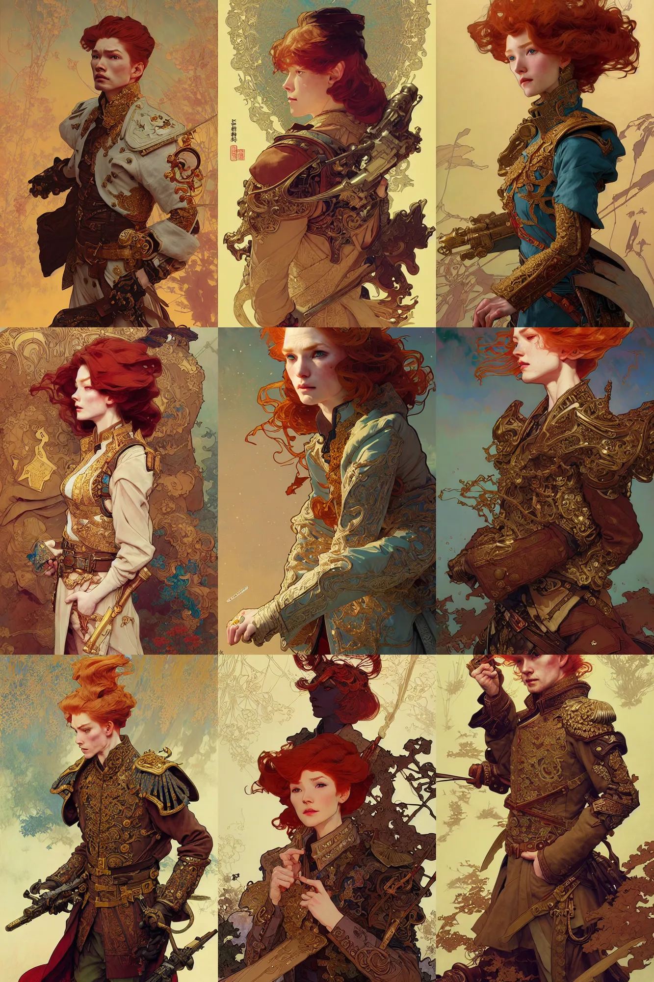 Prompt: young general, ginger hair, russian clothes, fantasy, highly detailed, intricate, smooth, art by joseph leyendecker, peter mohrbacher, ruan jia, marc simonetti, ayami kojima, cedric peyravernay, alphonse mucha, victo ngai