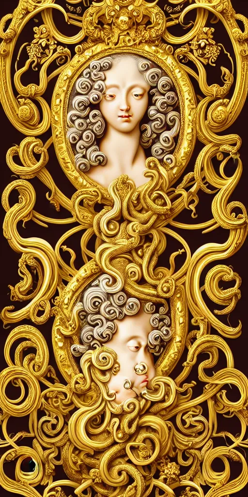 Prompt: the source of future growth dramatic, elaborate emotive Golden Baroque and Rococo styles to emphasise beauty as a transcendental, seamless pattern, symmetrical, large motifs, versace medusa logo in centre, bvlgari jewelry, rainbow syrup splashing and flowing, Palace of Versailles, 8k image, supersharp, spirals and swirls in rococo style, medallions, iridescent black and rainbow colors with gold accents, perfect symmetry, High Definition, photorealistic, masterpiece, smooth gradients, high contrast, 3D, no blur, sharp focus, photorealistic, insanely detailed and intricate, cinematic lighting, Octane render, epic scene, 8K
