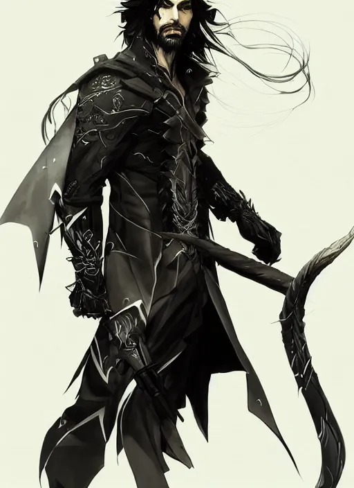 Prompt: Half body portrait of a handsome elven warrior with long black hair and facial hair wearing a black jacket. In style of Yoji Shinkawa and Hyung-tae Kim, trending on ArtStation, dark fantasy, great composition, concept art, highly detailed.