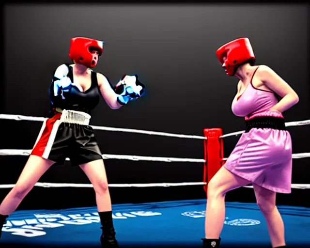 Prompt: christina hendricks and sofia vergara fighting in a boxing match, unreal engine, hyper realism, realistic shading, dramatic lighting, cinematic composition, blender render, sharp focus, octane render, hdr, 4 k, 8 k, detailed textures, artstation, photorealistic, 3 5 mm film