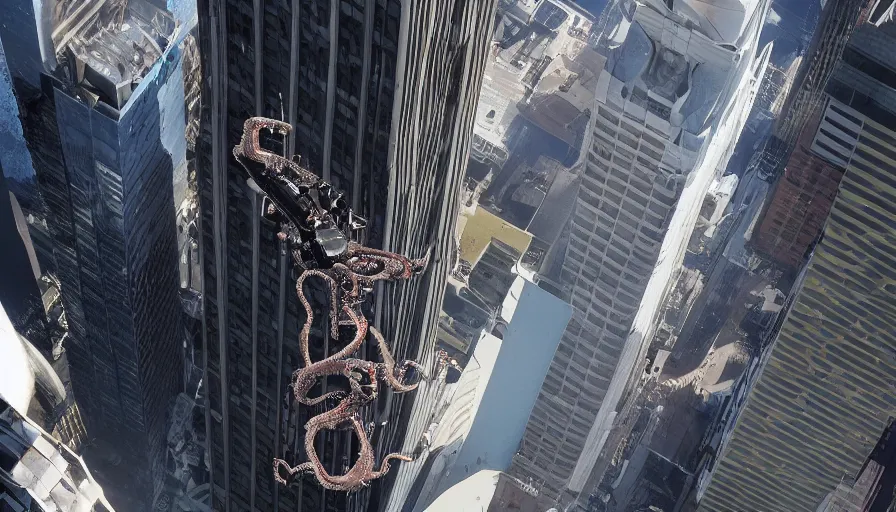 Prompt: big budget movie about a robot octopus climbing the chrysler building as attack helicopters shoot at it