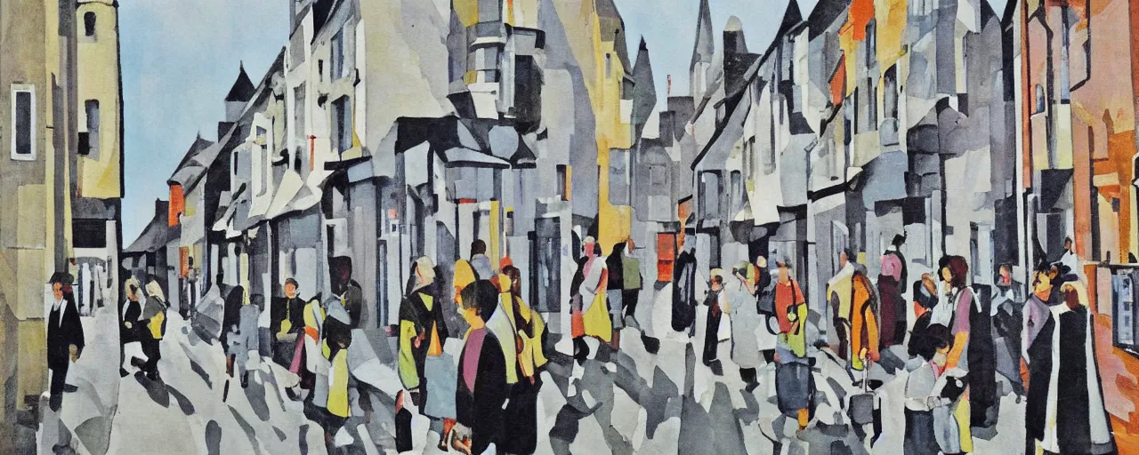 Image similar to a painting of street life in kirkwall orkney, by Bridget Riley