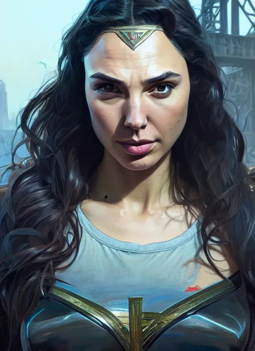 Image similar to Highly detailed portrait of Gal Gadot, in GTA V, Stephen Bliss, unreal engine, fantasy art by Greg Rutkowski, Loish, Rhads, ferdinand knab, Makoto Shinkai and Lois van baarle, ilya kuvshinov, rossdraws, Tom Bagshaw, alphonse mucha, global illumination, radiant light, detailed and intricate environment