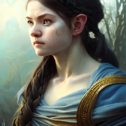 Prompt: portrait painting of a halfling monk girl with heavy scars and gorgeous blue eyes, ultra realistic, concept art, intricate details, eerie, highly detailed, photorealistic, octane render, 8 k, unreal engine. art by artgerm and greg rutkowski and charlie bowater and magali villeneuve and alphonse mucha