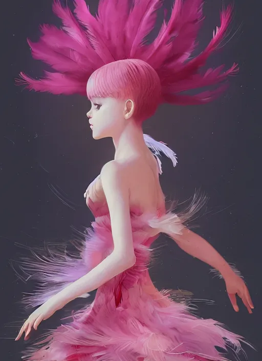 Image similar to beautiful little girl with an pink eccentric haircut wearing an dress made of feathers dancing on stage, artwork made by ilya kuvshinov, inspired in donato giancola, hd, ultra realistic, reflection, flowers, light, realistic face, bird, trending on pixiv, 8 k, ray tracing