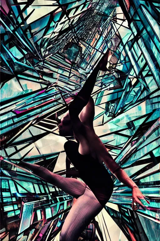 Prompt: wideangle action, a wild beautiful ballet techno dancer among shards of reality, madness, decoherence, synthwave, glitch!!, fracture, vortex, realistic, hyperdetailed, concept art, art by lsd, cubism