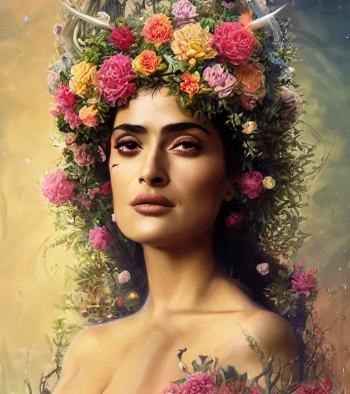 Image similar to portrait of the young salma hayek of the underworld, surrounded by flowers by karol bak, james jean, tom bagshaw, rococo, trending on artstation, cinematic lighting, hyper realism, octane render, 8 k, hyper detailed.