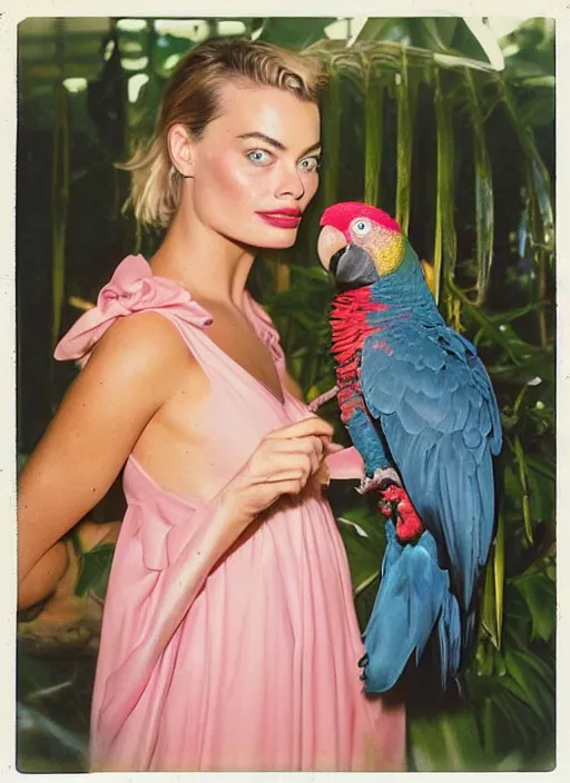 Prompt: grainy head to shoulder portrait Polaroid film photograph of Margot Robbie wearing a pink night gown with a very detailed parrot on her shoulder!!! in a tropical greenhouse. looking at the camera!!. super resolution. Extremely detailed. Polaroid 600 film. art by James Gurney.